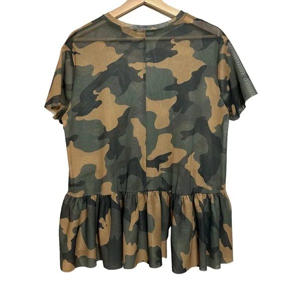 Zara Trafaluc Camo Fatigue Sheer Peplum Top Hi Lo Oversized Sz M - Picture 3 of 9